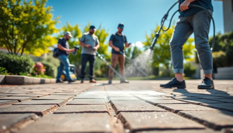 čiščenje tlakovcev s strokovno ekipo, ki prikazuje sijoče čiste površine in moderno čistilno opremo
