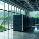 Dynamic scene of cloud crypto mining facility showcasing renewable energy sources and advanced technology.