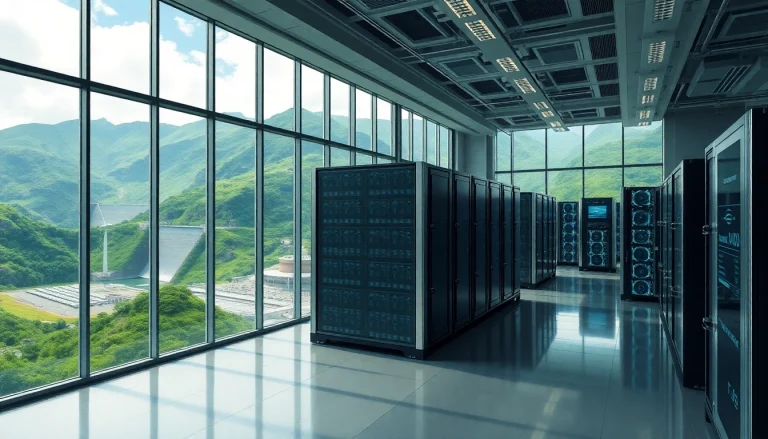 Dynamic scene of cloud crypto mining facility showcasing renewable energy sources and advanced technology.