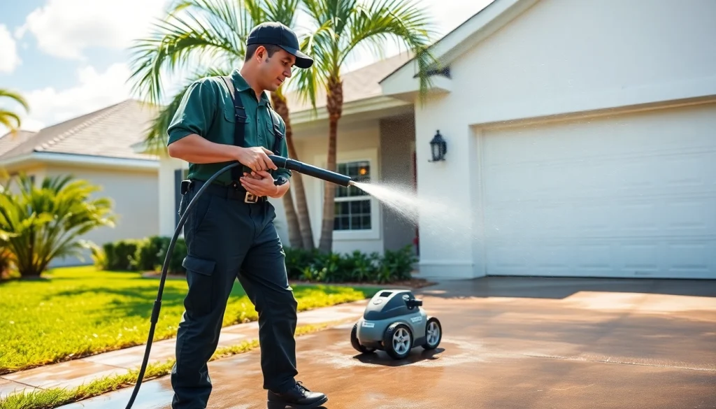 Pressure wash technician expertly cleaning a home's exterior in Kissimmee, FL, showcasing transformation.