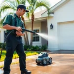 Pressure wash technician expertly cleaning a home's exterior in Kissimmee, FL, showcasing transformation.