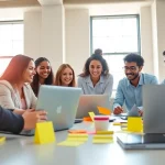 Collaborative team in a Florida Advertising Agency working together in a vibrant office space.