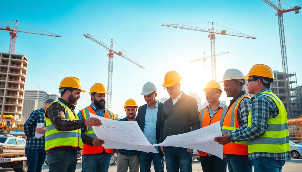 Workers engaging with das 142 project plans on a construction site.