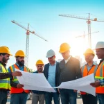 Workers engaging with das 142 project plans on a construction site.