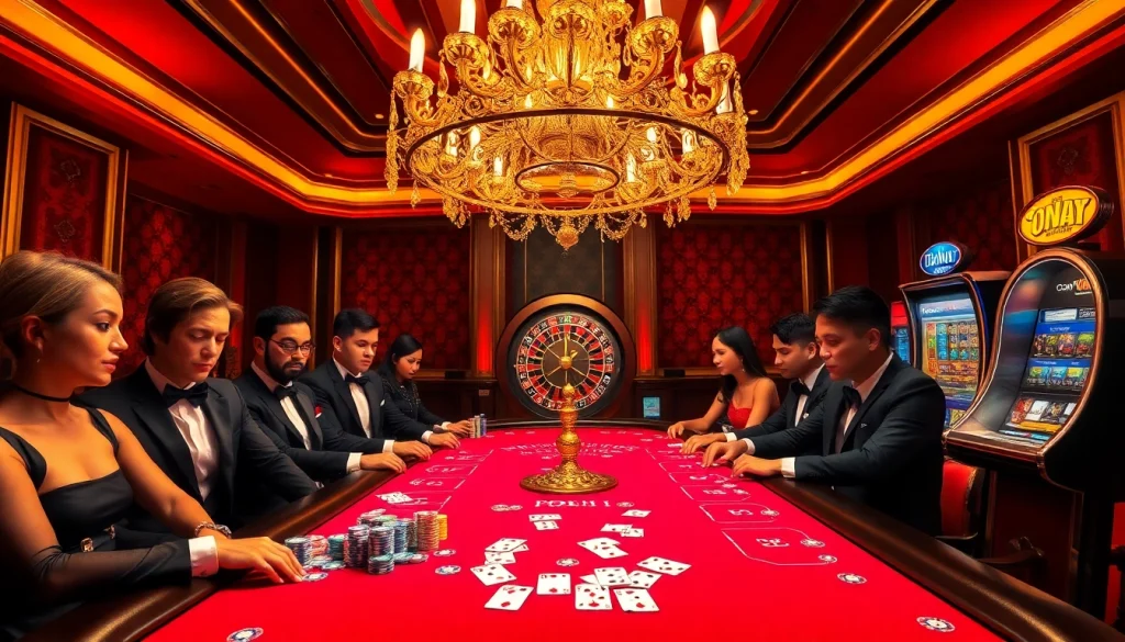 Players engage at a luxurious poker table, showcasing 7m excitement with vibrant chips and cards.