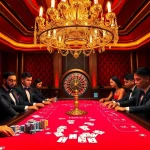 Players engage at a luxurious poker table, showcasing 7m excitement with vibrant chips and cards.
