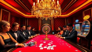 Players engage at a luxurious poker table, showcasing 7m excitement with vibrant chips and cards.