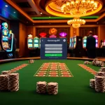 Layar login Dewanaga89 disorot di atas meja blackjack yang elegan dengan mesin slot berwarna-warni di latar belakang.