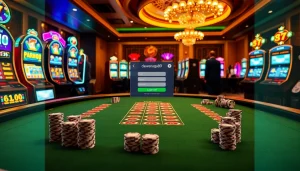 Layar login Dewanaga89 disorot di atas meja blackjack yang elegan dengan mesin slot berwarna-warni di latar belakang.