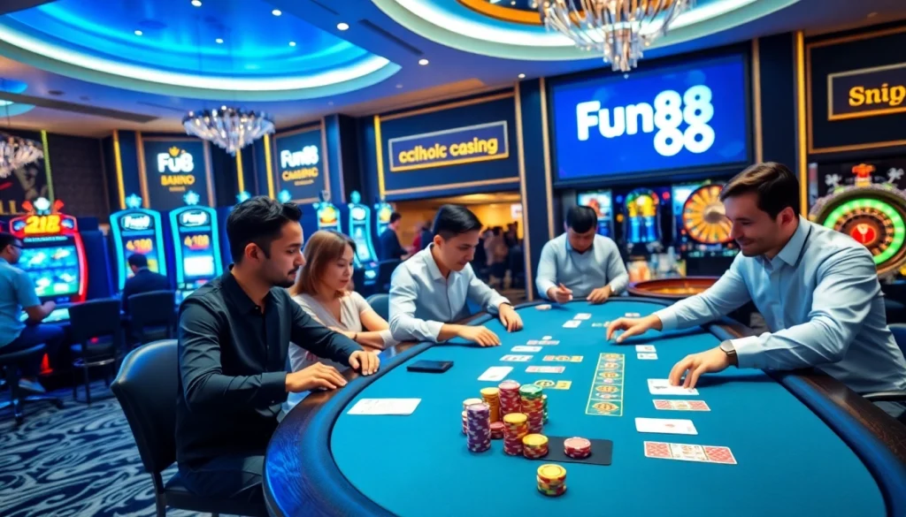 Engaged players strategizing at a Fun88 poker table with vibrant casino elements.