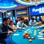 Engaged players strategizing at a Fun88 poker table with vibrant casino elements.