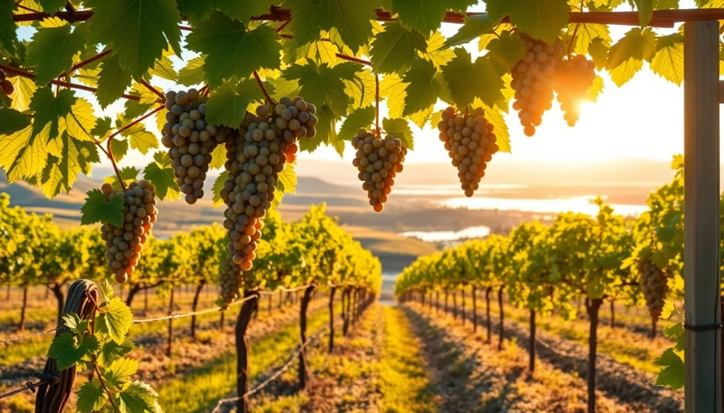 Experience the scenic vineyards of Clarksburg CA with lush grapevines and sunset views.