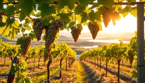 Experience the scenic vineyards of Clarksburg CA with lush grapevines and sunset views.