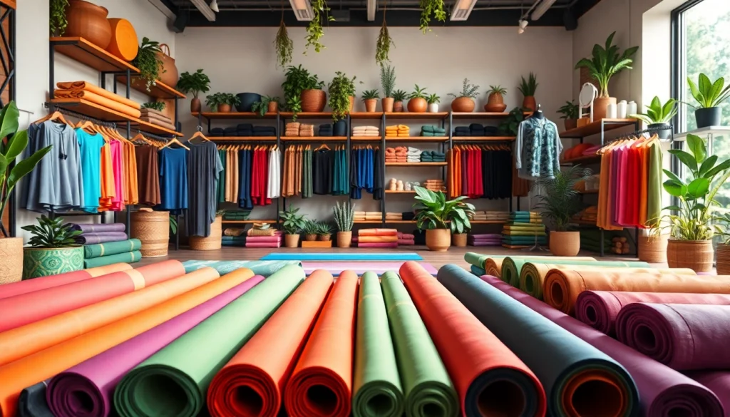 Browse a vibrant Yoga Shop filled with colorful mats, clothing, and accessories.