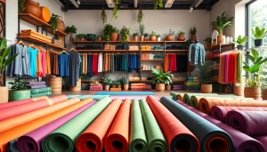 Browse a vibrant Yoga Shop filled with colorful mats, clothing, and accessories.