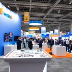 Attracting visitors to a trade show booth with modern design elements and engaging displays.