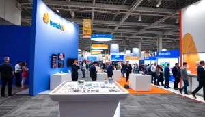 Attracting visitors to a trade show booth with modern design elements and engaging displays.