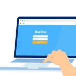 Login to BlueVine securely with a laptop, showcasing the BlueVine login page and security symbols.