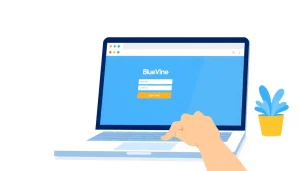 Login to BlueVine securely with a laptop, showcasing the BlueVine login page and security symbols.