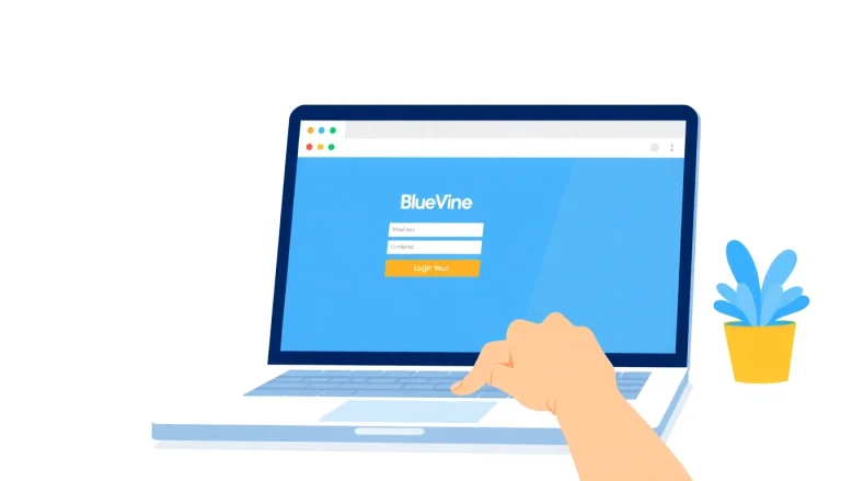 Login to BlueVine securely with a laptop, showcasing the BlueVine login page and security symbols.