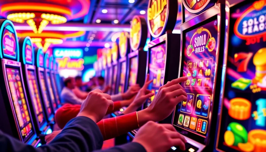 Exciting casino scene showcasing slot hoki games in action with colorful machines and happy players.