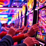 Exciting casino scene showcasing slot hoki games in action with colorful machines and happy players.