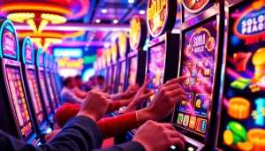 Exciting casino scene showcasing slot hoki games in action with colorful machines and happy players.