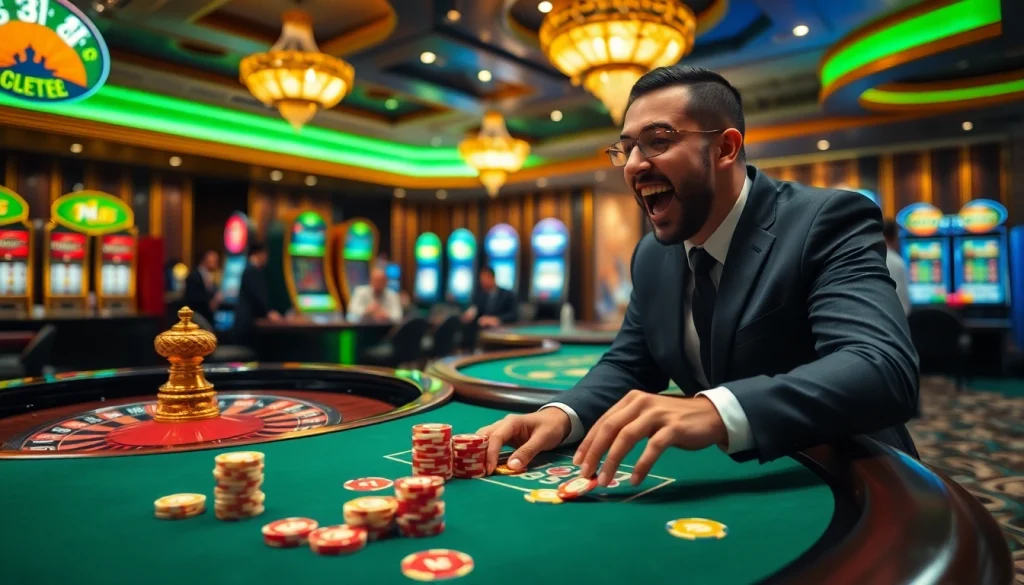 Engaged player at a casino table experiencing NK88 excitement with vibrant chips.