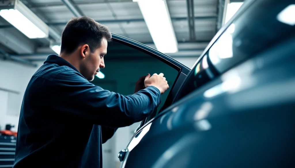 Install auto window tint near me with an expert technician in a garage.