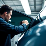 Install auto window tint near me with an expert technician in a garage.