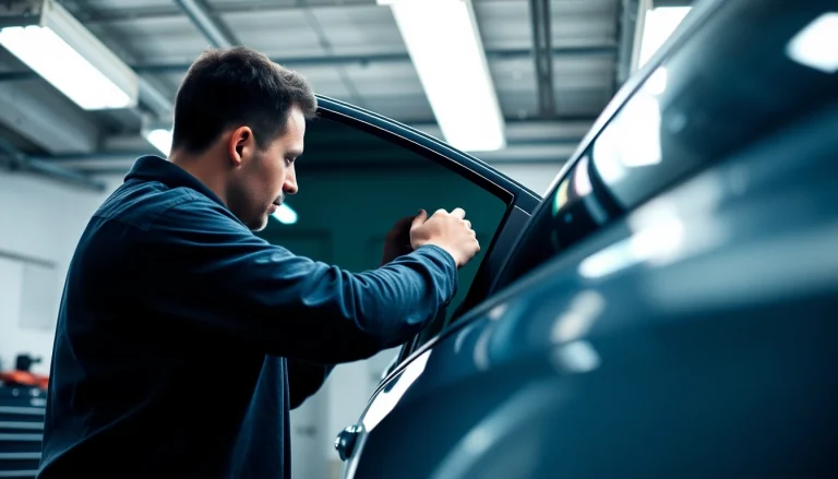 Install auto window tint near me with an expert technician in a garage.