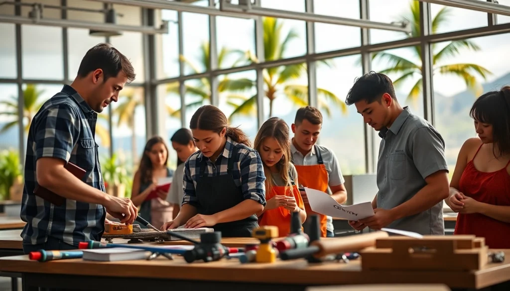 Engaged students studying at trade schools in Hawaii, showcasing practical skills and teamwork.