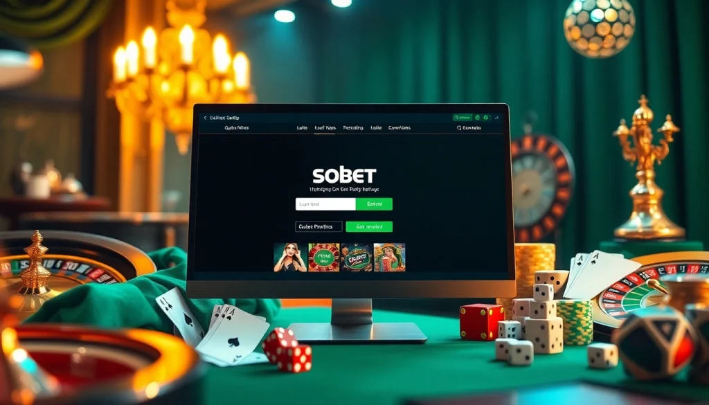 Engaging sbobet login terbaru interface surrounded by vibrant casino elements, showcasing luxury and excitement.