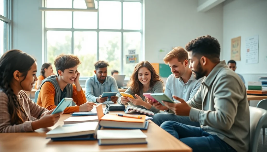 Education-focused classroom scene with diverse students collaborating on learning activities.