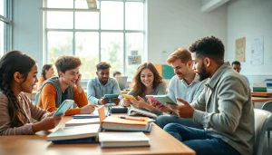 Education-focused classroom scene with diverse students collaborating on learning activities.