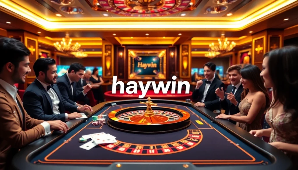 Experience the thrill of haywin at a luxurious virtual casino with vibrant tables and excited players.