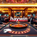 Experience the thrill of haywin at a luxurious virtual casino with vibrant tables and excited players.