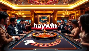 Experience the thrill of haywin at a luxurious virtual casino with vibrant tables and excited players.