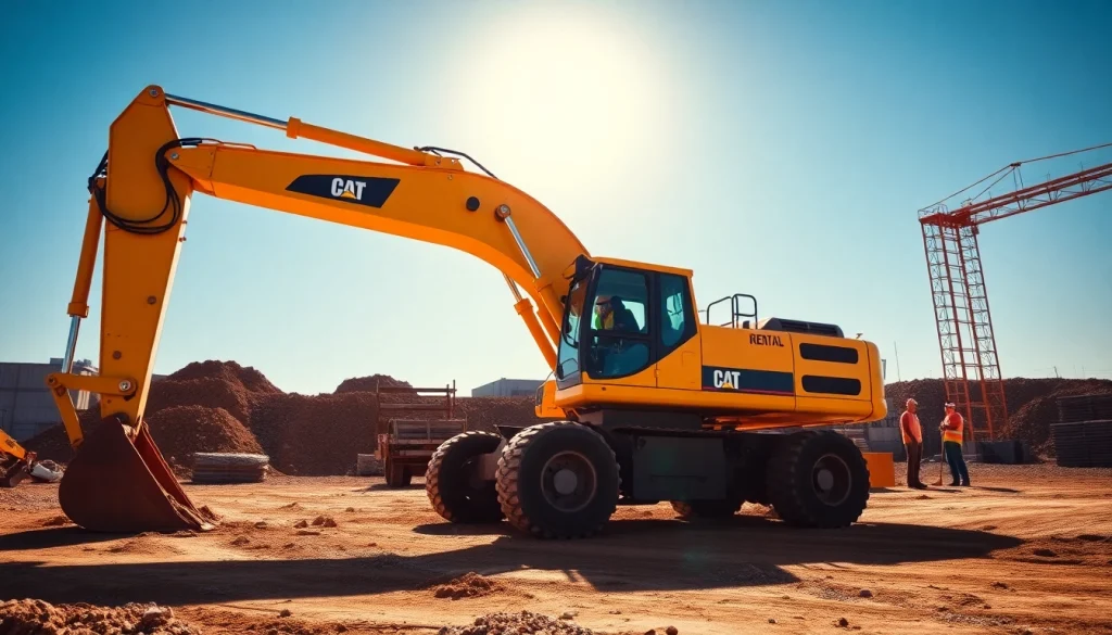 Rent excavators on a bustling construction site, showcasing teamwork and efficiency.