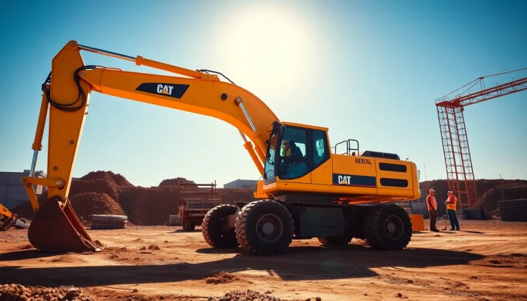 Rent excavators on a bustling construction site, showcasing teamwork and efficiency.