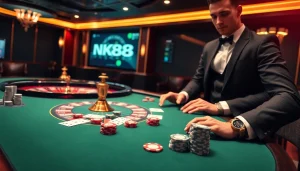 NK88 gaming trends displayed in a luxurious casino setting with poker chips and a roulette wheel.