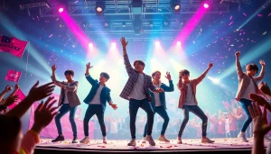 Captivating performance by bts members at a concert, showcasing their dynamic stage presence.