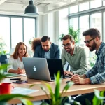 Engaged digital marketing professionals using laptops at https://www.pnmmedia.com in a modern workspace.