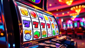 Menampilkan slot depo 1k dengan mesin slot berwarna cerah dan latar belakang kasino yang hidup.