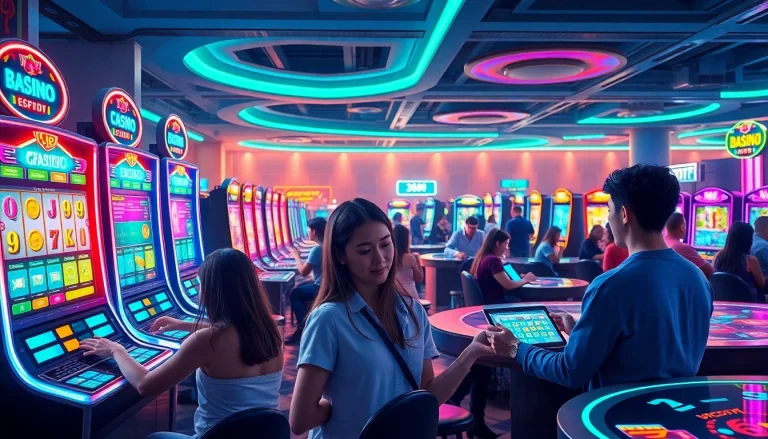 Exciting players engaging in crypto online casinos with vibrant lights and digital interfaces