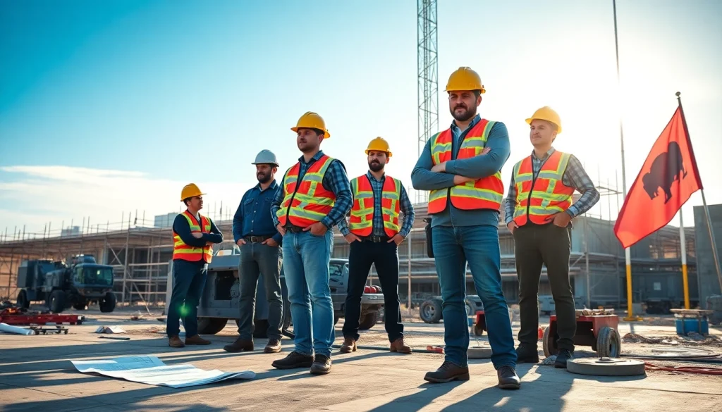 Construction workers from a Wyoming association collaborating on a large-scale project with scaffolding.