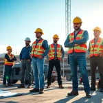 Construction workers from a Wyoming association collaborating on a large-scale project with scaffolding.