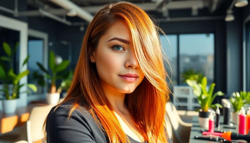 Client receiving expert styling at a salon de coafura, with vibrant hair colors and bright lighting.