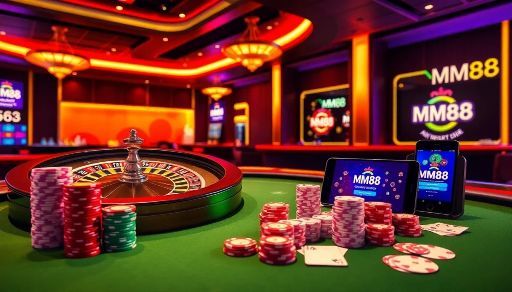 Experience the excitement of MM88 casino with vibrant poker chips and roulette in action.
