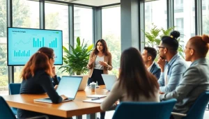 Engaged team discussing on-demand sales talent strategies in an energetic office setting.